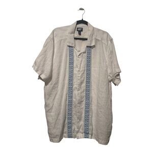 Lands End Men's White Short-Sleeve Linen Shirt with Blue Embroidered Panels